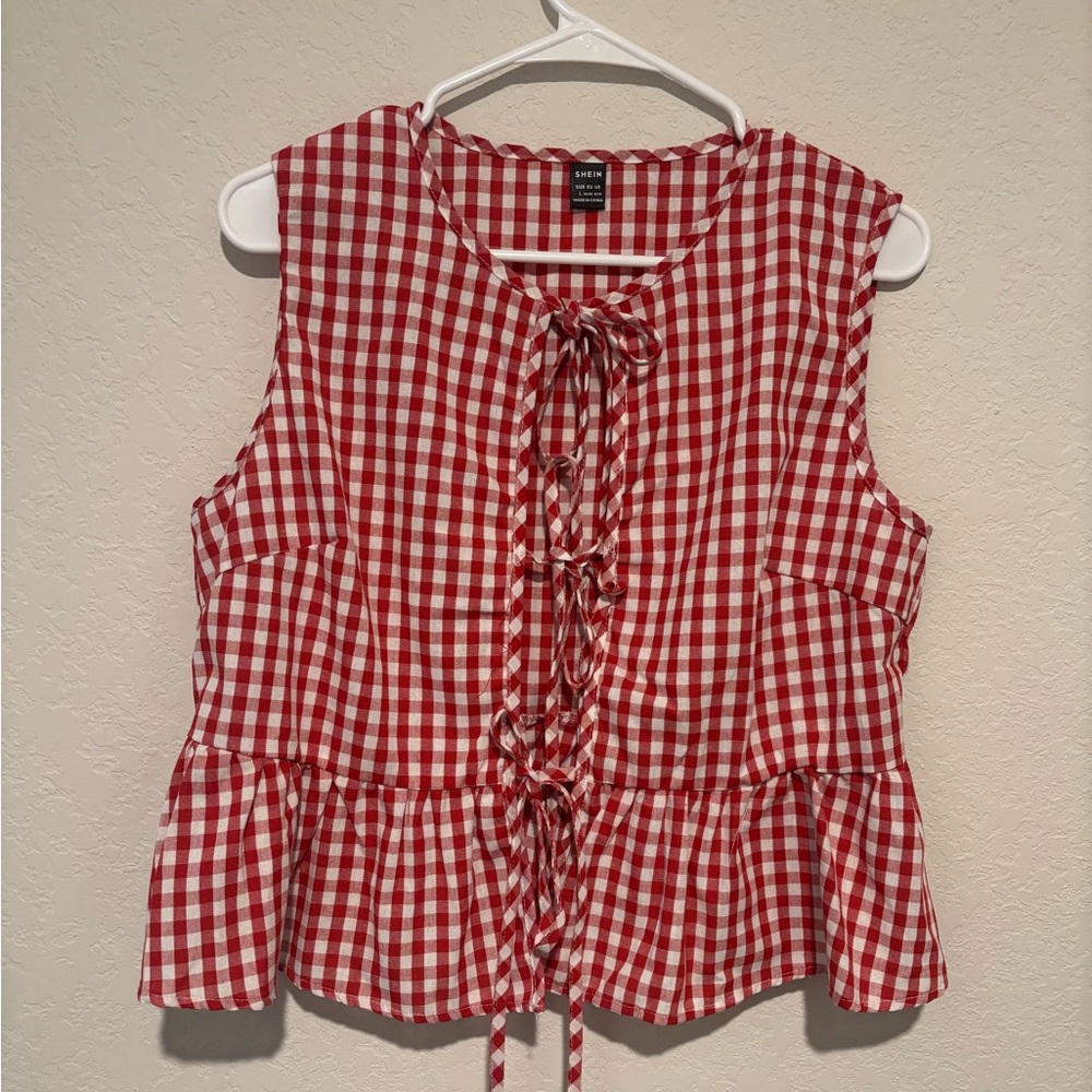 SHEIN Red and White Gingham Lace-Up Peplum Tank Top